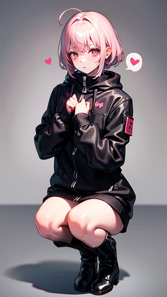 A girl with pink hair cut into a heart shape, silver eyes, White skin, he wears a long black jacket, some big boots, is crouched