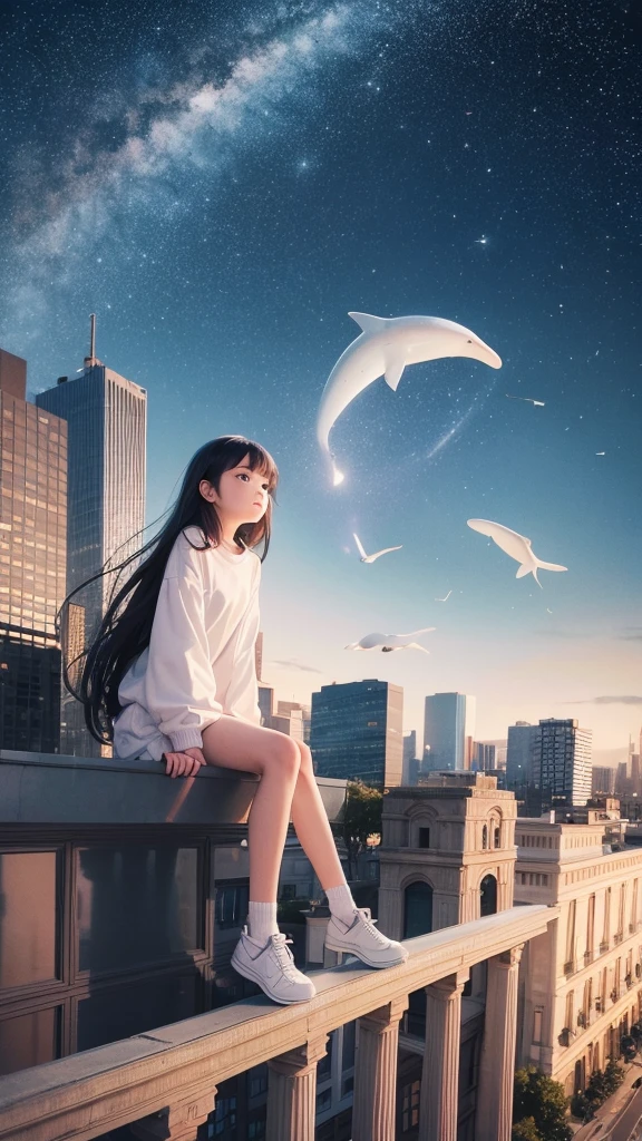 masterpiece, Exquisite detail,Highest quality, One girl, alone, handrail, cloud, Looking up at the buildings,Long Hair, NULL, Long sleeve, Power lines, White footwear, Black Hair, View your viewers, Electric pole, bangs, cloudy NULL, fish, bird, Green Eyes, Shorts, Day, Black Shirt, barefoot,Whale flying in the sky,Giant whale,night,star,milky way,night,Pitch black,Buildings,Sitting