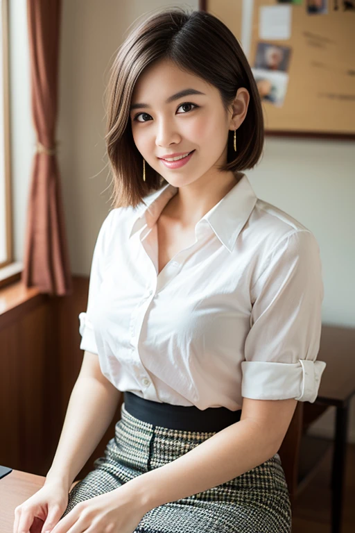 (A beautiful Japanese office lady, age 28, wearing formal White shirt with buttons & lime pencil skirt, Family-friendly Fashion Magazine Cover, friendly and feminine expressions, kind smile, dimpled chins, cute snaggle-tooth, short bob hair ponytail, symmetrical face, realistic detailed face, beautiful detailed eyes, perfect body proportions, ample round bosoms, photorealistic, hyper-realism, high contrast, ultra HD, realistic skin textures, top image quality, top-quality, super high resolution, fine details, very meticulously, masterpiece, head to knees, serene ambience, High Angle Shot, bokeh background) #Cici #CiciAi #TeamPositivity