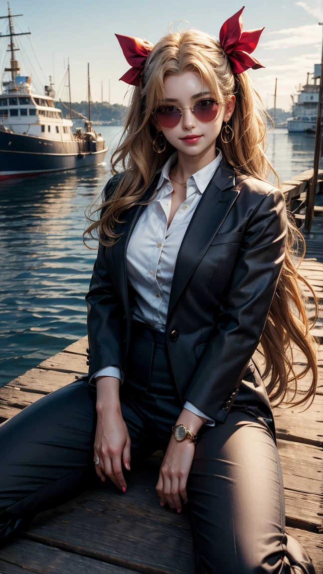 (masterpiece, best quality, detailed), 1girl, solo, looking at viewer, Ereshkigal, two side up, hair ribbon,
pant suit, suit, formal, black suit, black pants, necktie, white shirt, sunglasses, pier, dock, boat, harbor, water, lighthouse, seagull, indian style, hands on feet, smirk, smile, closed mouth, kneeling, spreading legs wide open ,,