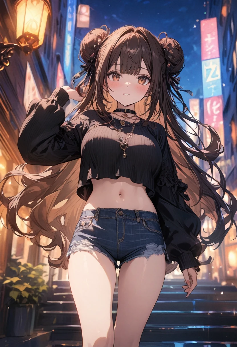 (masterpiece), best quality, very aesthetic, newest, absurdres, detailed, high quality
BREAK
highest quality, top quality, details, highres, ultra fine painting, digital art, official art, cinematic, 4k, 8k resolution, 8K CG wallpaper, CG, original artwork, detailed background, colorful background, blue atmosphere, High Dynamic Range, blurry background, blue hour, Starburst effects, crepuscular rays, good ISO, high resolution, wide shot, from far away, RAW photo, POV, sharp focus, light reflection, reflections, intricate details, soft light, particle noise, professional photography, bokeh, depth of field, natural lighting, vibrant colors, looking away, detailed lights and shadows, stylish, ultra-detailed, top rated on Pixiv, trending on Artstation, niji style, modern-days, master crafted, pose
BREAK
solo, (close up), 1girl, pale skin, correct fingers, detailed hand, (big breasts:1.2), big thighs, small torso, short body, flushtered, blush, anxious expression, embarassed, embarassed act, casual, slim, ((cute, childlike face):1.3), nice hips, nice body, brown hair, (very long flowing hair), (big 2 buns hairstyle)), long bangs, long hair, middle hair bangs, brown eyes
BREAK
(loose-fitting crop shirt, long sleeve, denim shorts, choker, casual wear style, tummy skin, modern fashion)
BREAK
Empty streets background, anime background, quiet street, street lamps, sky
