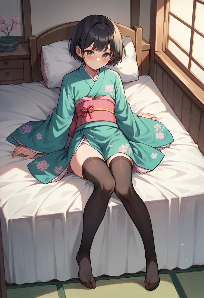 (masterpiece),(Highest quality),sexy,kimono,Clothes falling apart,Black Hair,Short Bob,Bangs,crossdresser,cute,blush,Watery eye,Iris,Bed in your room,seat,Black Stockings,Outside flip