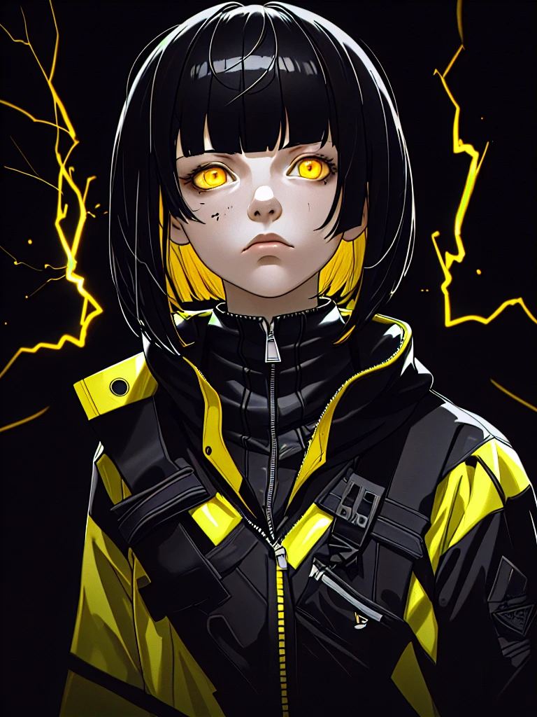 ((Portrait)), Young Girl, Messy Black Neck-Length Haircut with Blunt Bangs, Indifferent Look, Electric Yellow Eyes, Slender Build, Lightweight Black Techwear Sweatshirt with Long Zippers, ((Portrait, HDR, Dark Background)), Masterpiece
