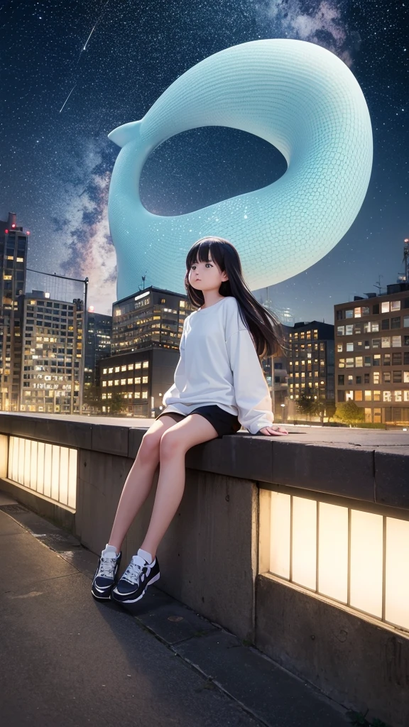 masterpiece, Exquisite detail,Highest quality, One girl, alone, handrail, cloud, Looking up at the buildings,Long Hair, NULL, Long sleeve, Power lines, White footwear, Black Hair, View your viewers, Electric pole, bangs, cloudy NULL, fish, bird, Green Eyes, Shorts, Day, Black Shirt, barefoot,Whale flying in the sky,Giant whale,night,star,milky way,night,Pitch black,Buildings,Sitting