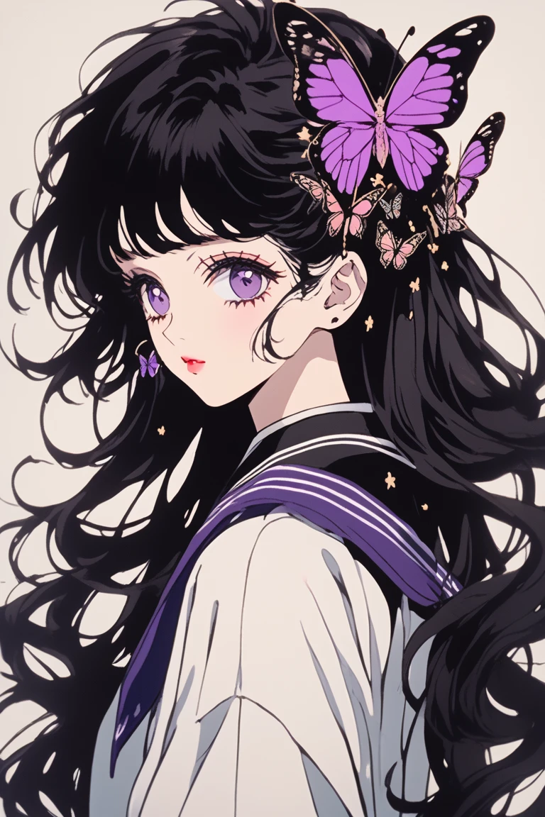 (Highest quality, sketch:1.2),Realistic,Illustrator,anime,1 Girl, Detailed lips,sweater,custom,,Neon Hair,Texture Cropping,masterpiece, Style: Retro Classic, Dark Black、Under the Moon、Black Hair、Beautiful butterfly、虹色のButterfly Hair Ornament、、Fair skin,一つ結びでSide Tail、Butterfly Hair Ornament、school uniform、beautiful girl、Real、cute、Purple Eyes、Side Tail