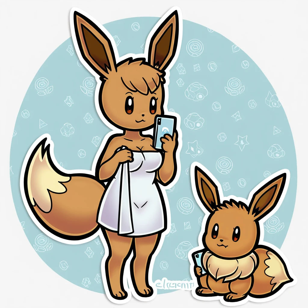 score_9_presence, score_8_up, Eevee, pokemon, wrapped in towel, medium breasts, holding phone