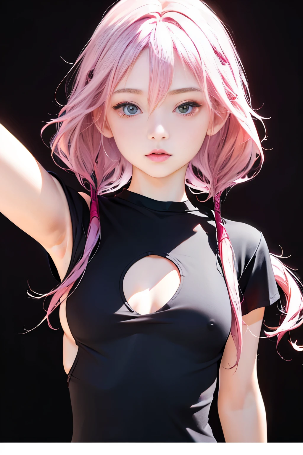 Optimal，masterpiece，High resolution，Highest quality，(Upper body photo)、((Tight small t-shirt:1.5)). Cute face，Pink Hair、Long Hair、Twin tails、((Shooting from the front:1.5)), ((:1.2)), Wet and transparent