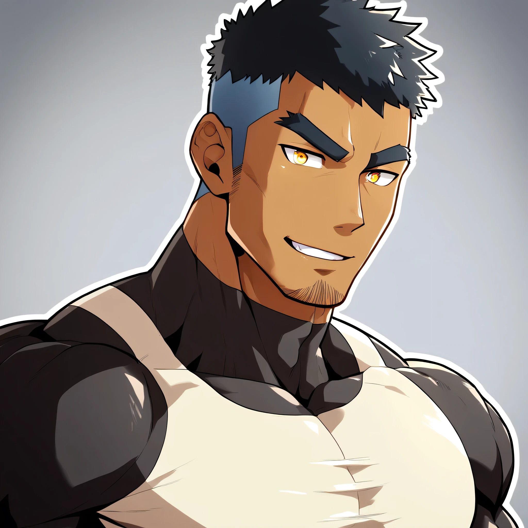 anime characters:Gyee, Muscle Sports Student, negro black skin, 1 dark skin muscular tough guy, Manliness, male focus, Light yellow high collar long sleeve tight T-shirt, Slightly transparent material, Very tight, Round, full and perky chest muscles, Slightly transparent, muscular male, muscular, only, Upper body, alone, Black short hair, Thick eyebrows, stubble, Yellow eyes, Grey background, simple background, amazing quality, best aesthetics, Ridiculous, bright pupils, crew cut, parted lips, seductive smile, torogao, naughty face, drop shadow, best quality