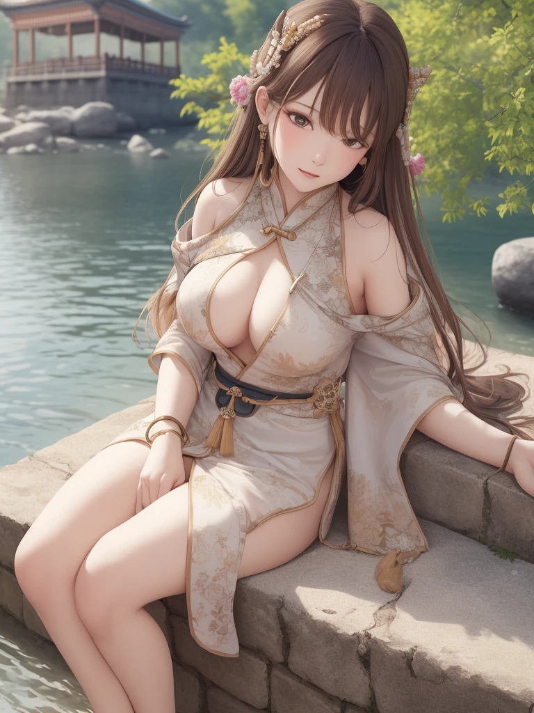 upper body, oil painting, masterpiece, best quality, highres, long brown hair, jewelry hairpin, large breast,riverside and rock or temple or bridge, extremely clothes, sitting, (song Dynasty, song clothing:1.2),