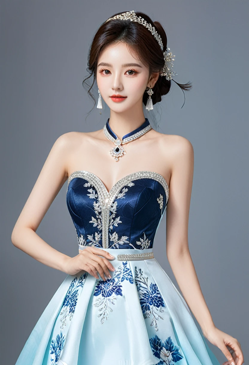 Realistic photo style, whole body 사진에 아름다운 아시아 소녀가 등장합니다., Wearing a unique ethnic style evening gown with delicate skin., bright and lively eyes, Thick eyelashes that look especially attractive. Long dresses are slim and elegant., Eye-catching silver jewelry and alcohol. The high-collar design adds an elegant atmosphere., Color of blue and white porcelain. using light and shadow, The vivid and harmonious appearance of the protagonist is highlighted... whole body, (masterpiece, best quality, professional, perfect composition, very aesthetic, absurd, very detailed, intricate details:1.3)