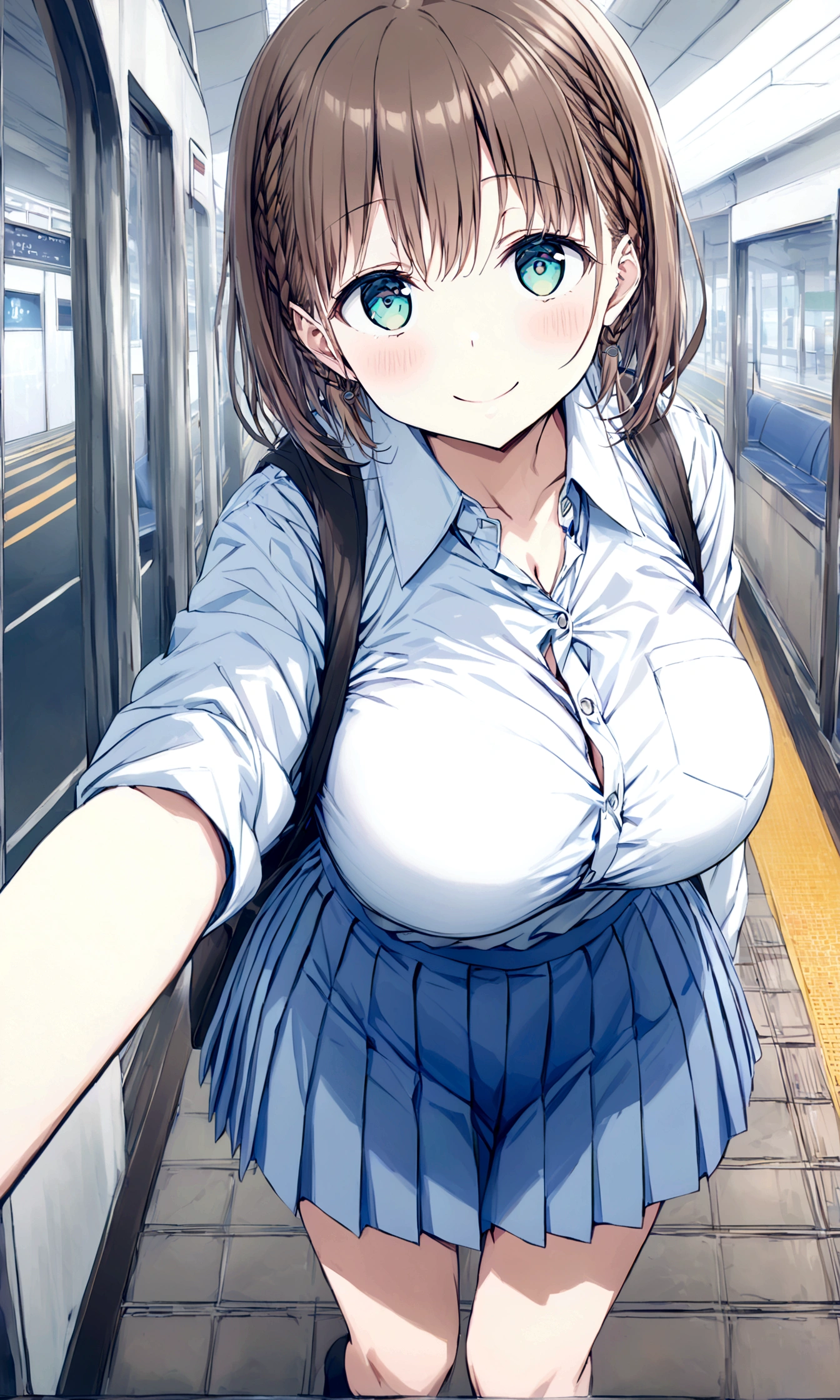 Tawawa on Monday,Ai-chan,Big Breasts,cleavage cutout,high school girl,source_アニメ, 1girl, solo,whole body,brown hair, cyan eyes, braid, white shirt, collared shirt, pleated skirt, blue skirt, large breasts, looking at you,shoot from below,blush smile,station,hentai,finely detailed beautiful face,high quality,アニメ,beautiful,High resolution,アニメ color,{{{{8K_wallpaper}}}},{{{masterpiece}}},{{{{extremely detailed eyes}}}},{{{{extremely detailed body}}}},{{{{extremely detailed finger}}}}