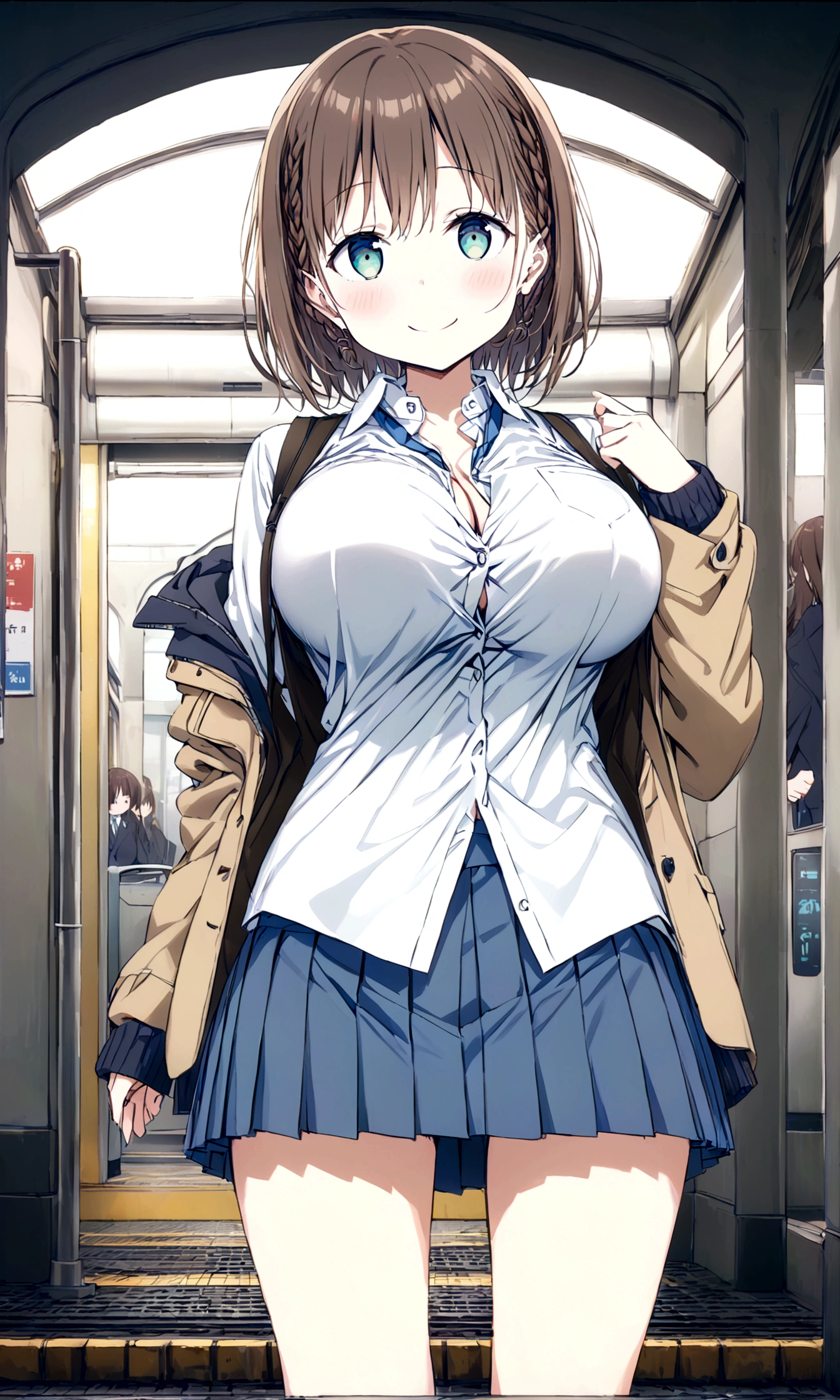 Tawawa on Monday,Ai-chan,Big Breasts,cleavage cutout,high school girl,source_アニメ, 1girl, solo,whole body,brown hair, cyan eyes, braid, white shirt, collared shirt, pleated skirt, blue skirt, large breasts, looking at you,shoot from below,blush smile,station,hentai,finely detailed beautiful face,high quality,アニメ,beautiful,High resolution,アニメ color,{{{{8K_wallpaper}}}},{{{masterpiece}}},{{{{extremely detailed eyes}}}},{{{{extremely detailed body}}}},{{{{extremely detailed finger}}}}