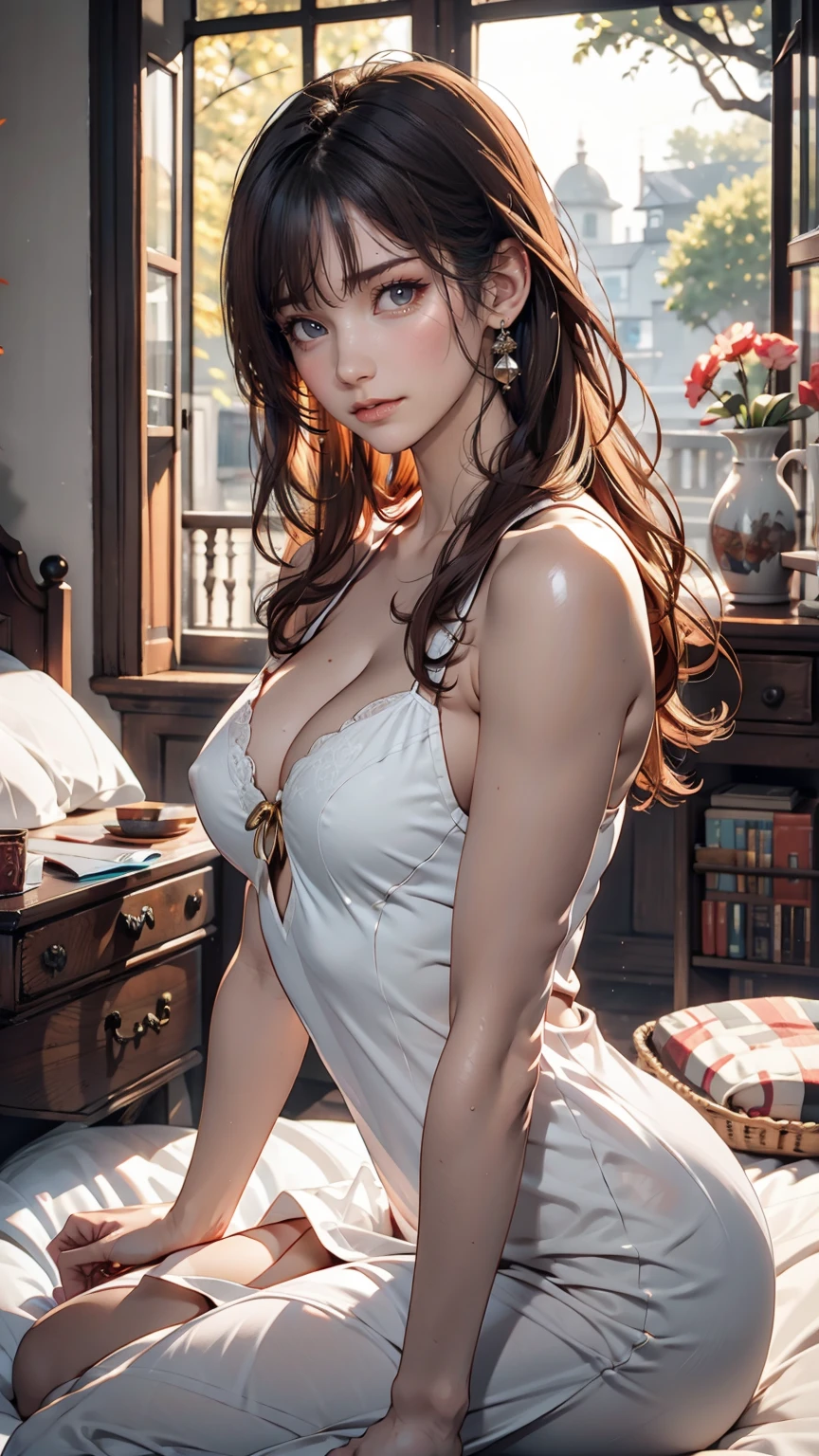 Young Scandinavian woman, Cute face, Fascinating, Highest quality, masterpiece, Translucent summer dress, Golden Hour, Detailed Texture, Long braided hair, Sitting on the bed, Pause, カジュアルなPause, Wooden cottage, interior, [blush], beautiful, Complex, Caustics, light, sunlight, (((Soft lips))), (((Glossy Lips))), Very detailed, (Semi-realistic:1.2), Niroudef, Redhead