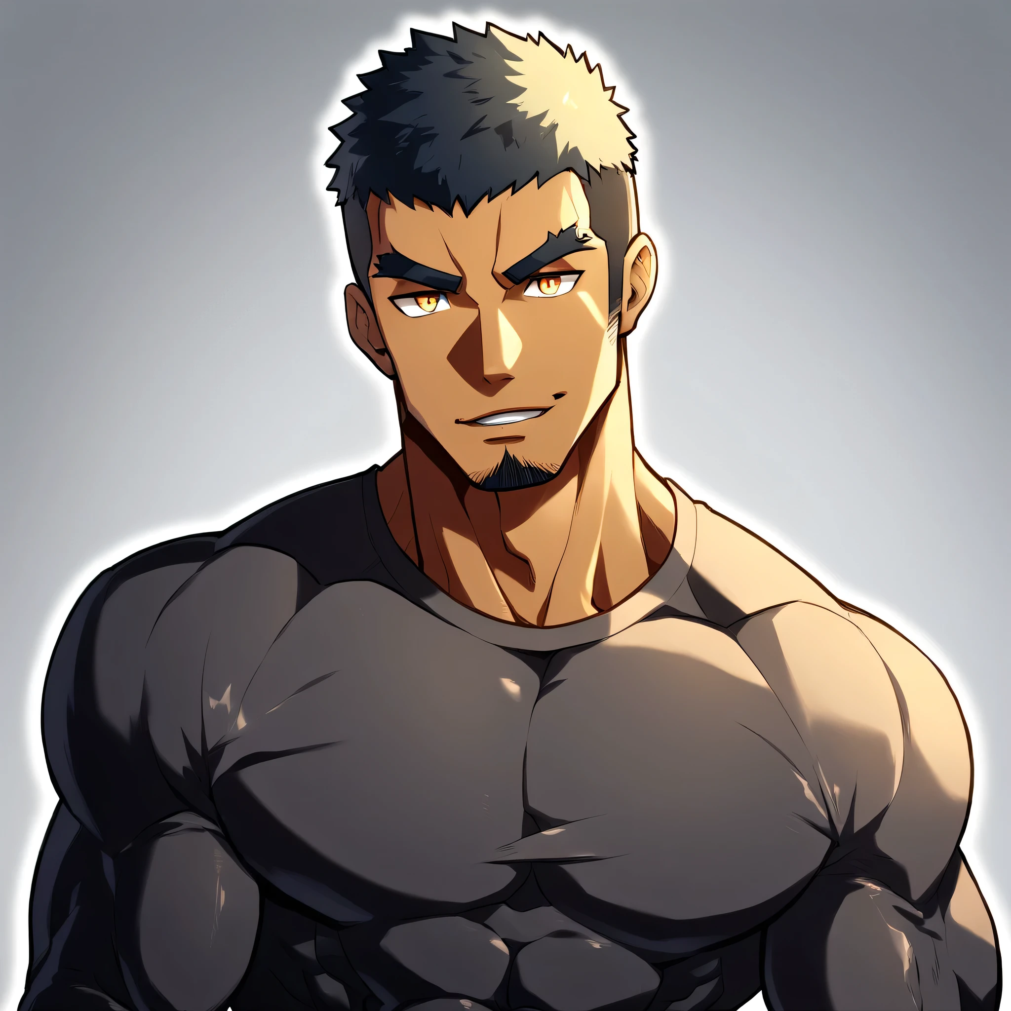 anime characters：Gyee, Muscle Sports Student, negro black skin, 1 dark skin muscular tough guy, Manliness, male focus, Light yellow high collar long sleeve tight T-shirt, Slightly transparent material, Very tight, Round, full and perky chest muscles, Slightly transparent, muscular male, muscular, only, Upper body, alone, Black short hair, Thick eyebrows, stubble, Yellow eyes, Grey background, simple background, amazing quality, best aesthetics, Ridiculous, bright pupils, crew cut, parted lips, seductive smile, torogao, naughty face, drop shadow, best quality