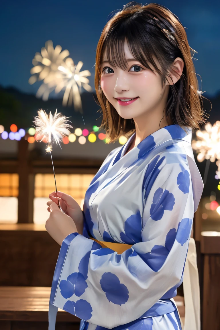 Highest quality, (beautiful)、yukata、night店、night、Fireworks、festival、Soft 