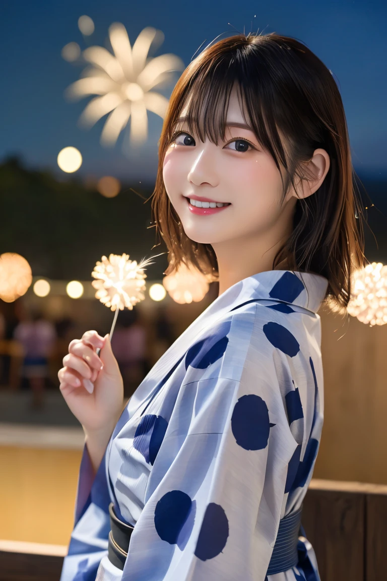 Highest quality, (beautiful)、yukata、night店、night、Fireworks、festival、Soft 