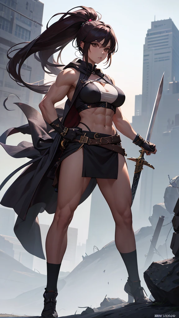 (masterpiece, 4K ,Super detailed:1.2), (anime:1), (Perfect quality), The whole body is shown, View Viewer, Holding a sword, ponytail, Muscular and ultra violent women, Powerfully々And, epic female swordsman, RPG concept art character