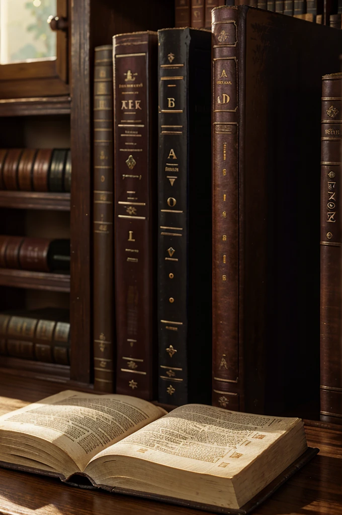 Photorealistic quality. high detail. A closed old book lies on a table in the library.. soft light. Side view. The Russian Word is written on the spine of the book.. Background - shelves with books