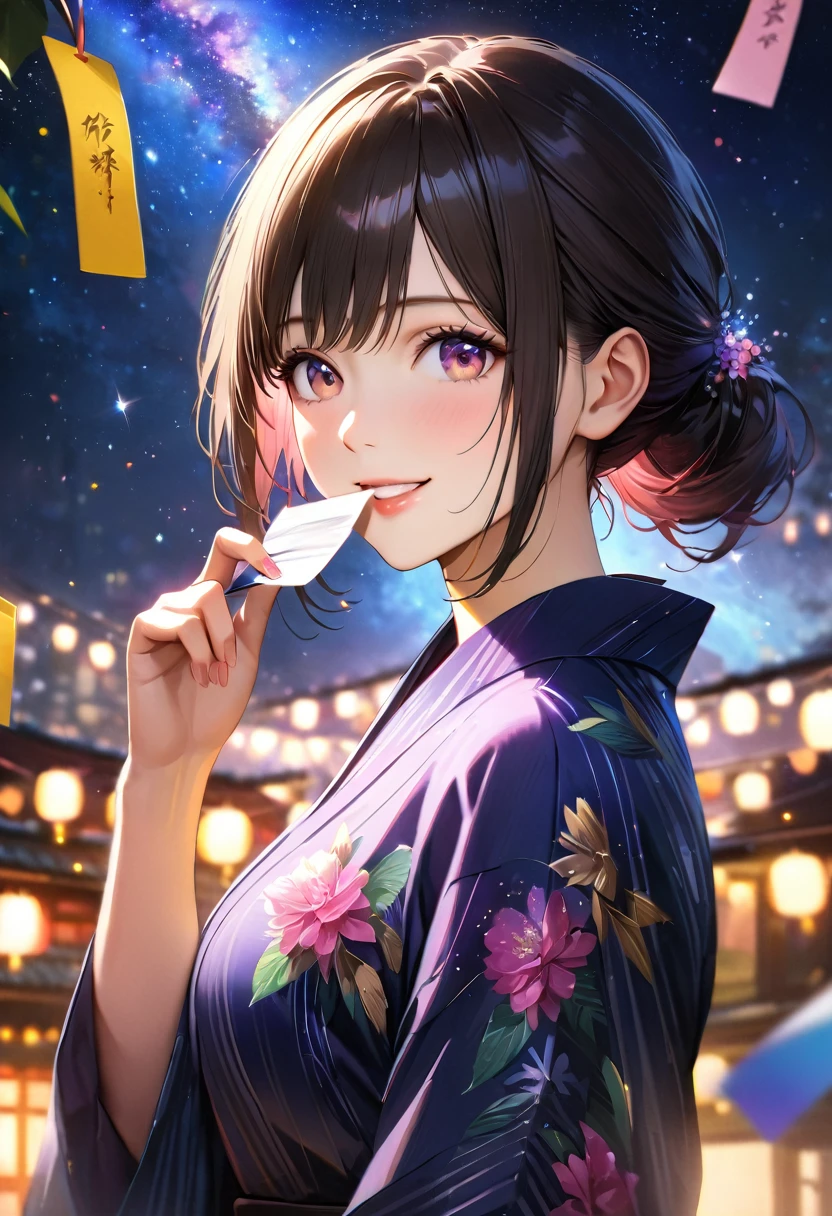 Tanabata,night, milky way,Yukata, Hold a paper strip in one hand,Looking at the sky,Blur the background,high school girl,smile,Glitter effect,Highest quality, 8K, High resolution, masterpiece:1.2, Very detailed, Realistic:1.37, High resolution, 超High resolution, Ultra-fine painting, Very detailed, Professional, Vibrant colors