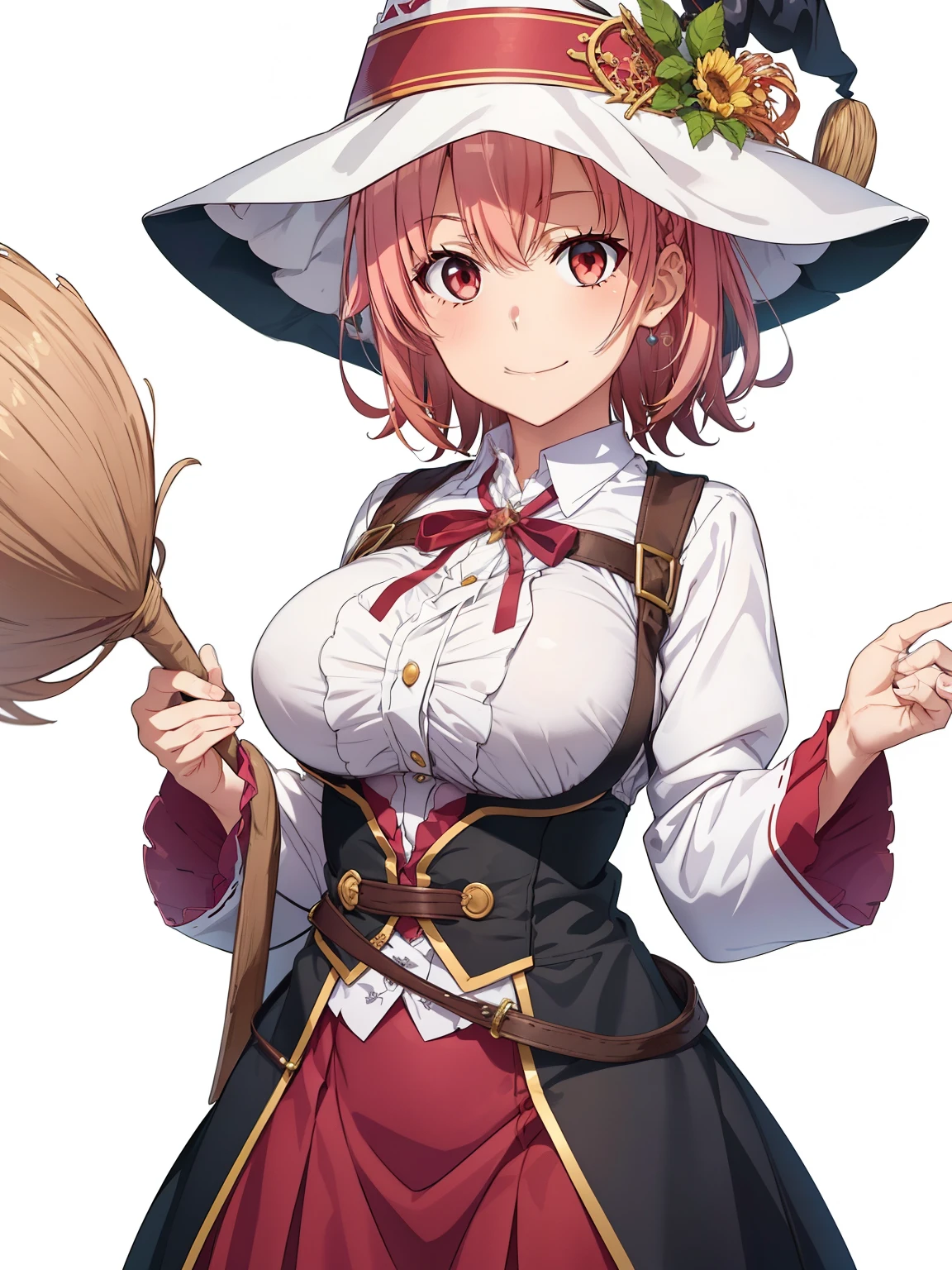 ((masutepiece, Best Quality, hight resolution, nffsw, Perfect Pixel, depth of fields, 4K, )), 1girl in, Solo, , Beautiful anime girl, Beautiful Art Style, close up, Looking at Viewer, Perfect body, Yuigahama Yui, Short hair, pink hair, hairbun, hair braid, (large boob), smiling, wink, winking, one eye open, white witch outfit, white witch hat, holding broomstick, blank white background, cowboy shot