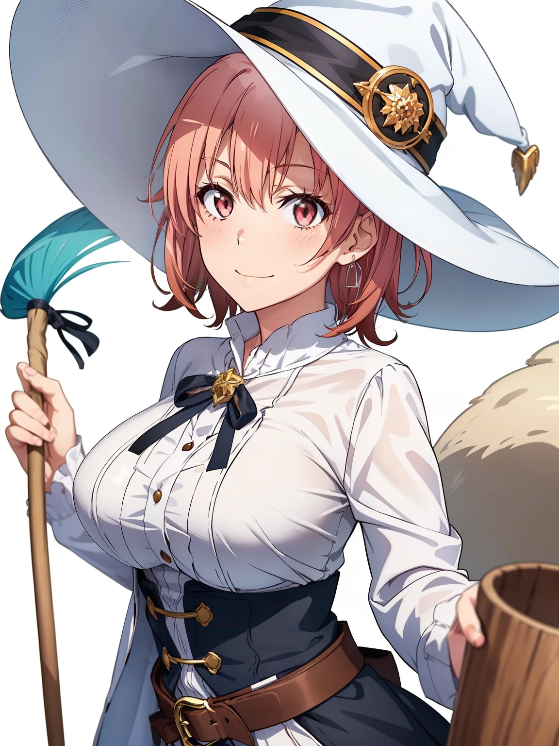 ((masutepiece, Best Quality, hight resolution, nffsw, Perfect Pixel, depth of fields, 4K, )), 1girl in, Solo, , Beautiful anime girl, Beautiful Art Style, close up, Looking at Viewer, Perfect body, Yuigahama Yui, Short hair, pink hair, hairbun, hair braid, (large boob), smiling, wink, winking, one eye open, white witch outfit, white witch hat, holding broomstick, blank white background, cowboy shot