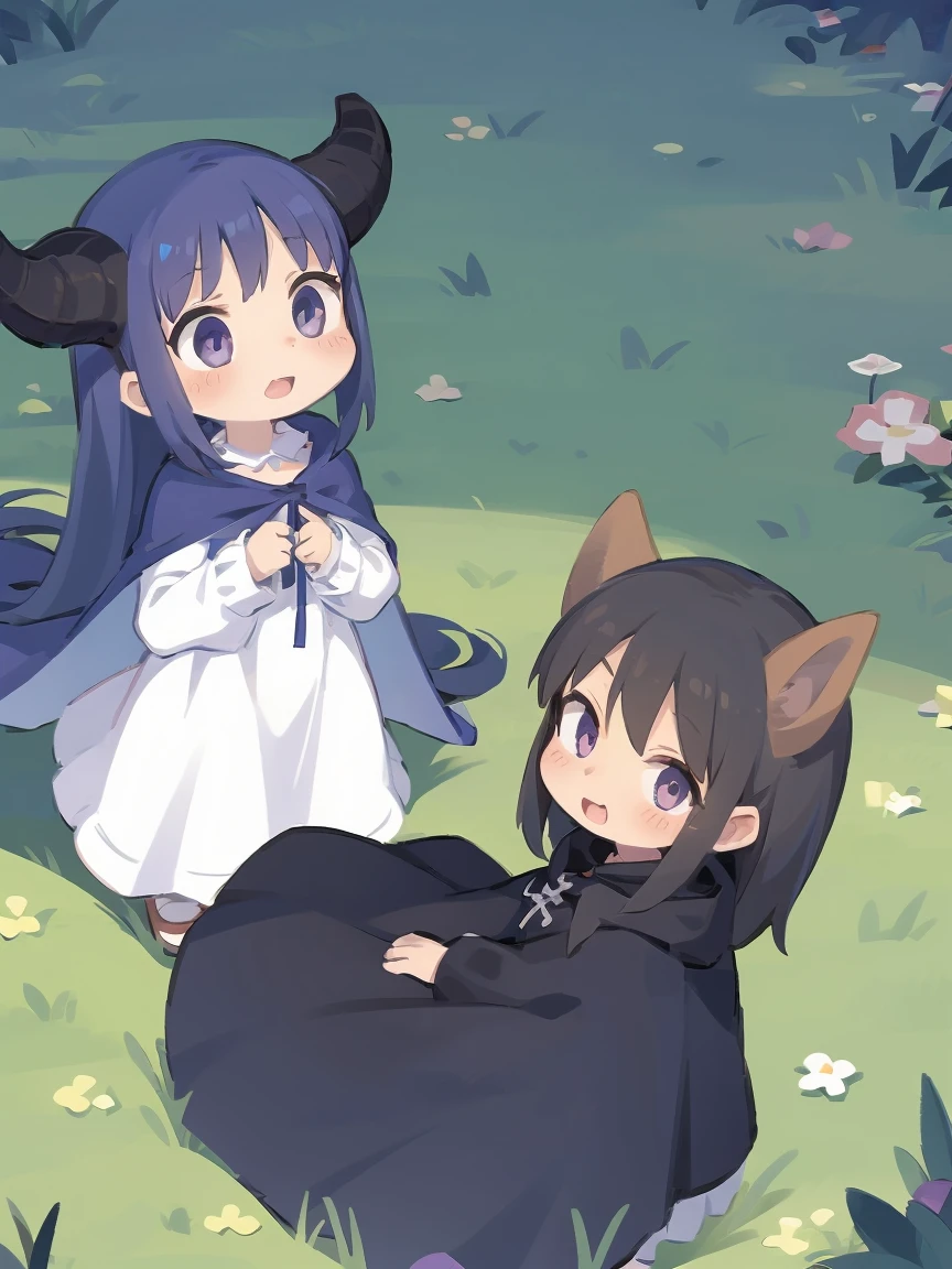 a cartoon image of a girl in a blue cape and white dress, an anime drawing by Jin Homura, pixiv, anime style like fate/stay night, black haire, goat horns, standing