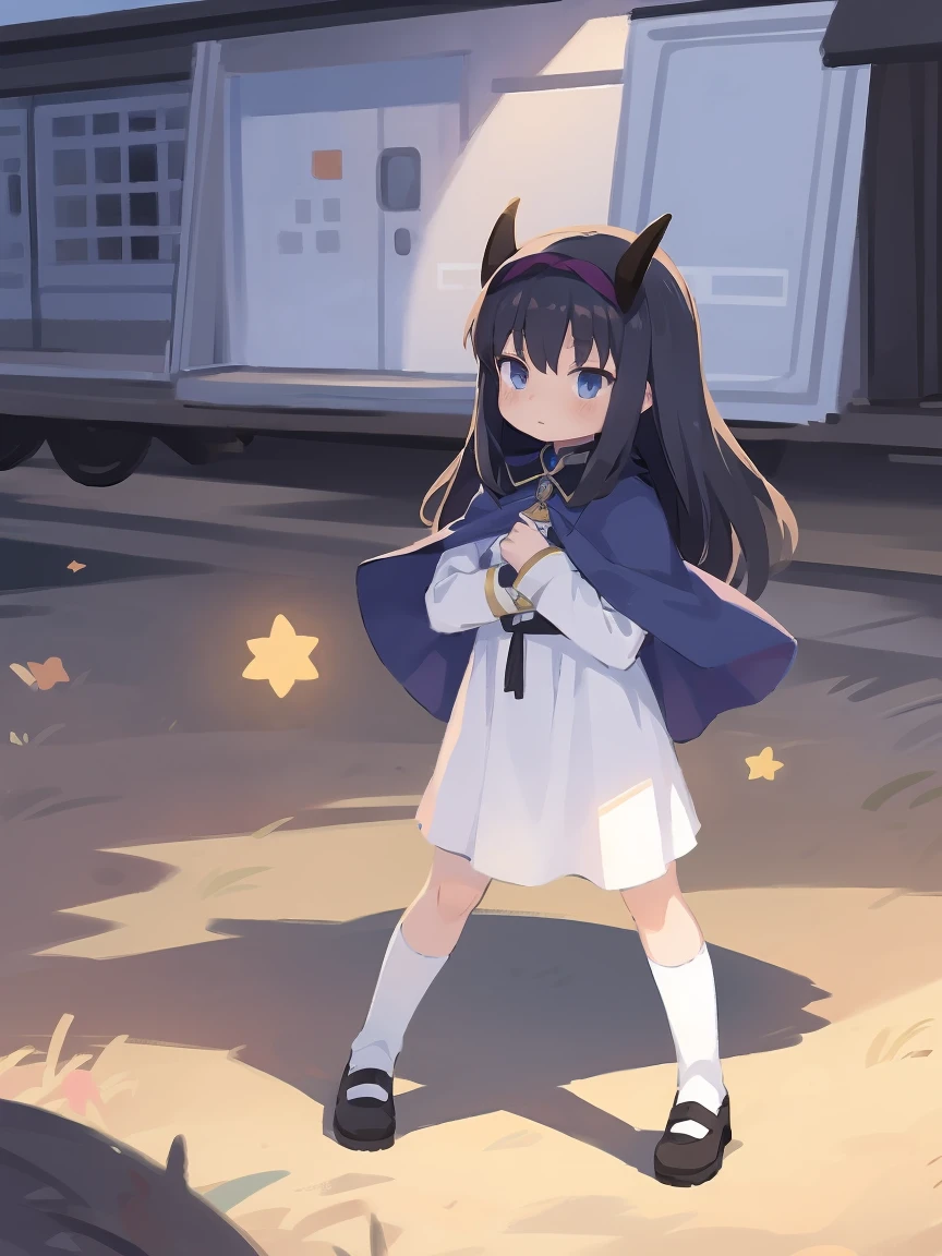 a cartoon image of a girl in a blue cape and white dress, an anime drawing by Jin Homura, pixiv, anime style like fate/stay night, black haire, goat horns, standing
