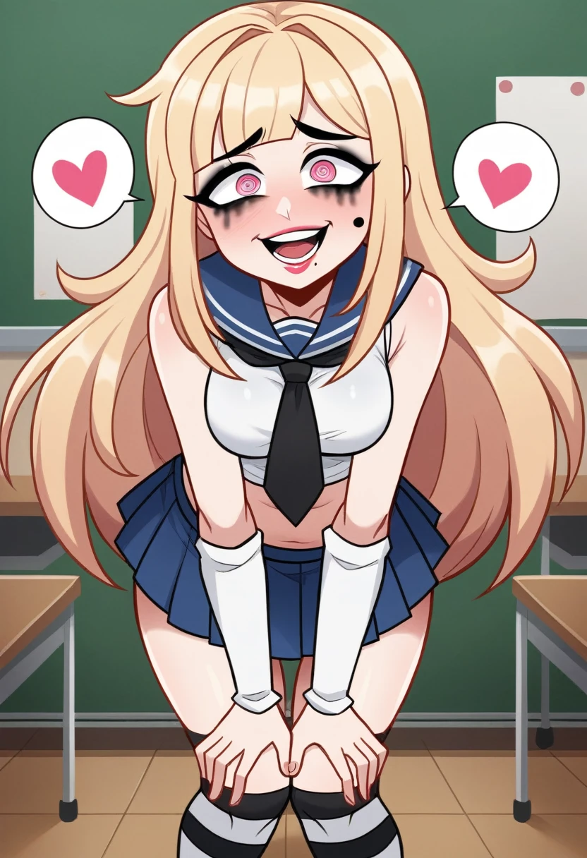 core_9, score_8_up, score_8, (top quality,8k wallpaper),(masterpiece,best quality:1.2), ((source_anime, anime)), 1girl, green eyes, goat pupils, ((very light blonde hair, long hair, straight hair)), fringe bangs, porcelain white skin, geisha makeup, pale skin, small breasts, yandere eyes,  crazy smile, wide eyes, jealous, jealousy, very jealous, yandere, sleeveless, blue and white sailor girl top, black tie, black thong straps, ((blue skirt, pleated skirt:1.2)), red and white striped thigh highs, striped thigh highs,, midriff, thong, asymmetrical thigh highs, ((white arm warmers)), standing, classroom, black eyebrows, indoors, bedroom, girly, feminine,  egirlthot, standing, obsessive, ((lipstick)), black mascara, black eyeliner, pink eyes, white powdered face, very white face, Goth girl, egirlthot, heart fingers, large eyes, beauty mark, ((super crazy eyes, very wide eyes, insane)), giggling, laughing, leaning forward, head tilt, one eye partially closed, s1z3d1ff_t4lk, taller girl, standing, legs straight, bent forwards, arched back, hands on knees, cleavage, breasts squished between arms, [[from below]:0.5], pov, eye contact, in a bedroom, detailed background,incoming kiss, closed eyes, blush, 