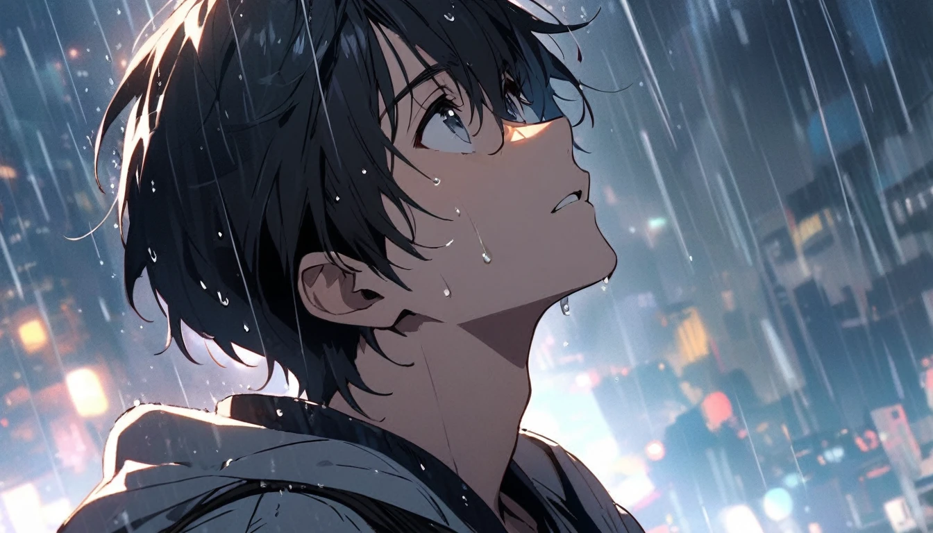 Young man looking up at the sky in the rain, black hair