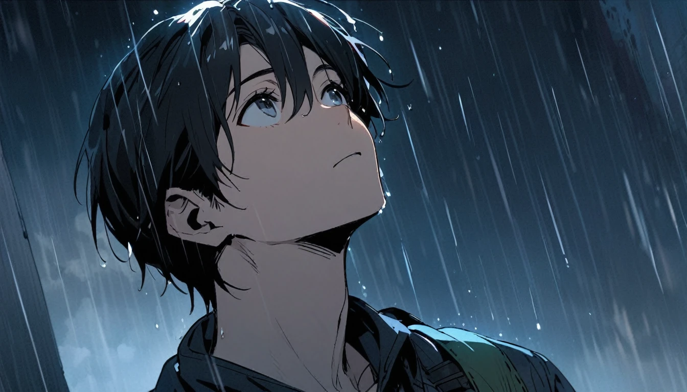 Young man looking up at the sky in the rain, black hair