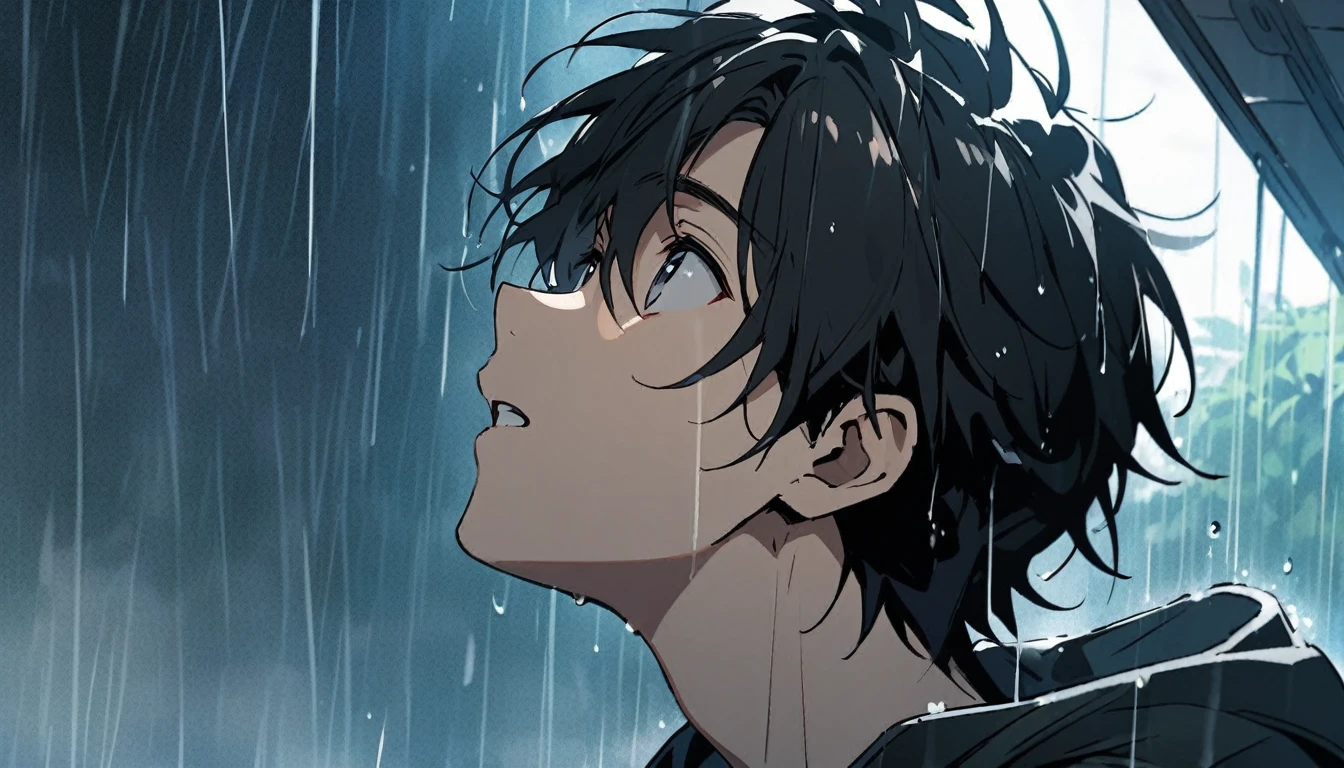 Young man looking up at the sky in the rain, black hair