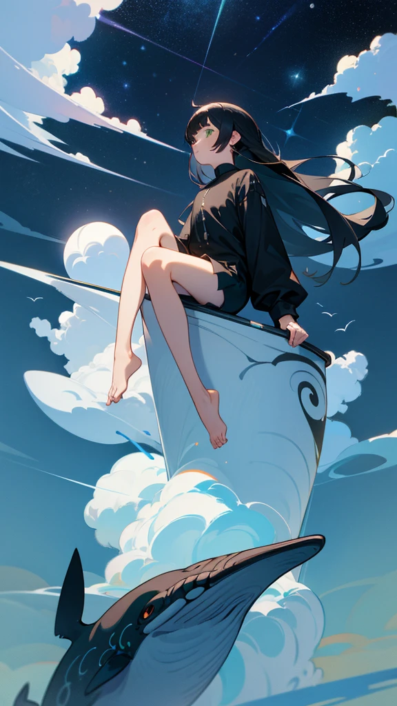 masterpiece, Exquisite detail,Highest quality, One girl, alone, handrail, cloud, Looking up at the buildings,Long Hair, NULL, Long sleeve, Power lines, White footwear, Black Hair, View your viewers, Electric pole, bangs, cloudy NULL, fish, bird, Green Eyes, Shorts, Day, Black Shirt, barefoot,Whale flying in the sky,Giant whale,night,star,milky way,night,Pitch black,Buildings,Sitting