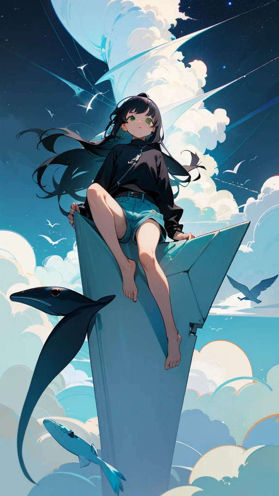 masterpiece, Exquisite detail,Highest quality, One girl, alone, handrail, cloud, Looking up at the buildings,Long Hair, NULL, Long sleeve, Power lines, White footwear, Black Hair, View your viewers, Electric pole, bangs, cloudy NULL, fish, bird, Green Eyes, Shorts, Day, Black Shirt, barefoot,Whale flying in the sky,Giant whale,night,star,milky way,night,Pitch black,Buildings,Sitting