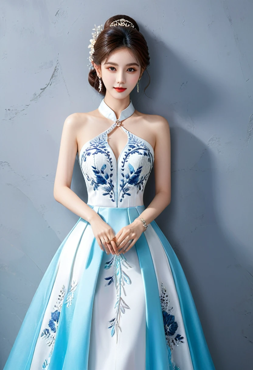 Realistic photo style, whole body 사진에 아름다운 아시아 소녀가 등장합니다., Wearing a unique ethnic style evening gown with delicate skin., bright and lively eyes, Thick eyelashes that look especially attractive. Long dresses are slim and elegant., Eye-catching silver jewelry and alcohol. The high-collar design adds an elegant atmosphere., Color of blue and white porcelain. using light and shadow, The vivid and harmonious appearance of the protagonist is highlighted... whole body, (masterpiece, best quality, professional, perfect composition, very aesthetic, absurd, very detailed, intricate details:1.3)