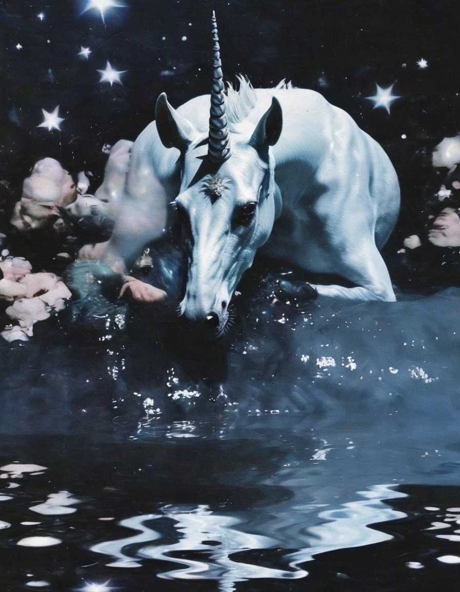 unicorn in water, stars background