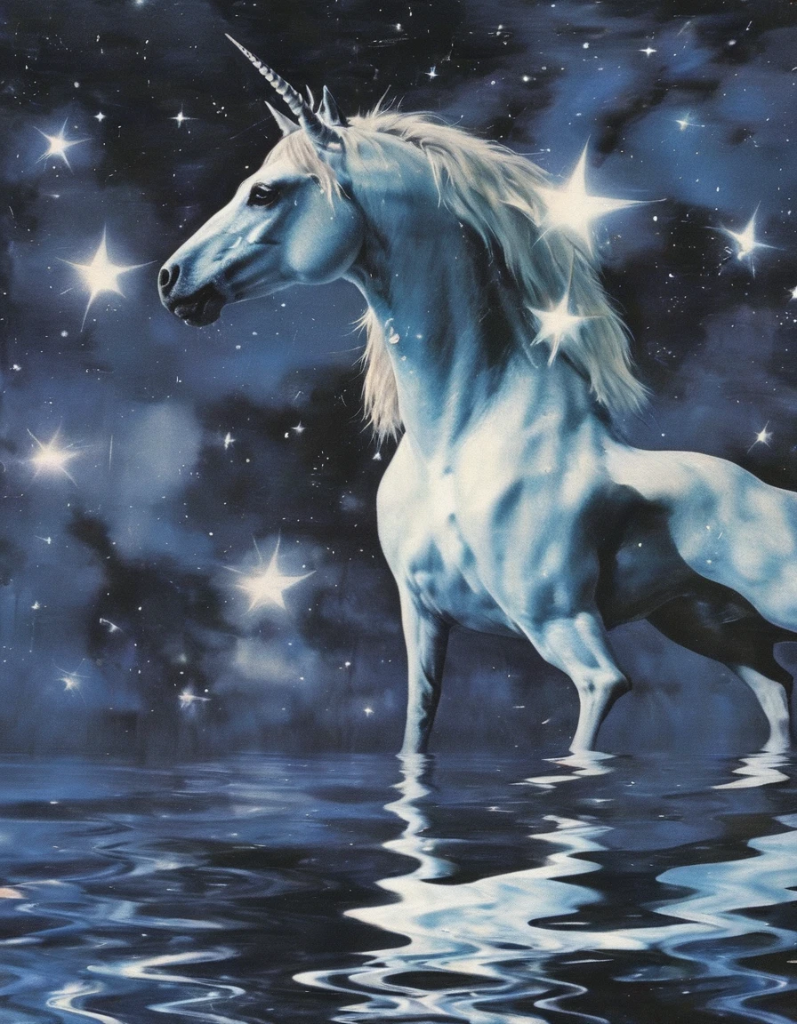 unicorn in water, stars background