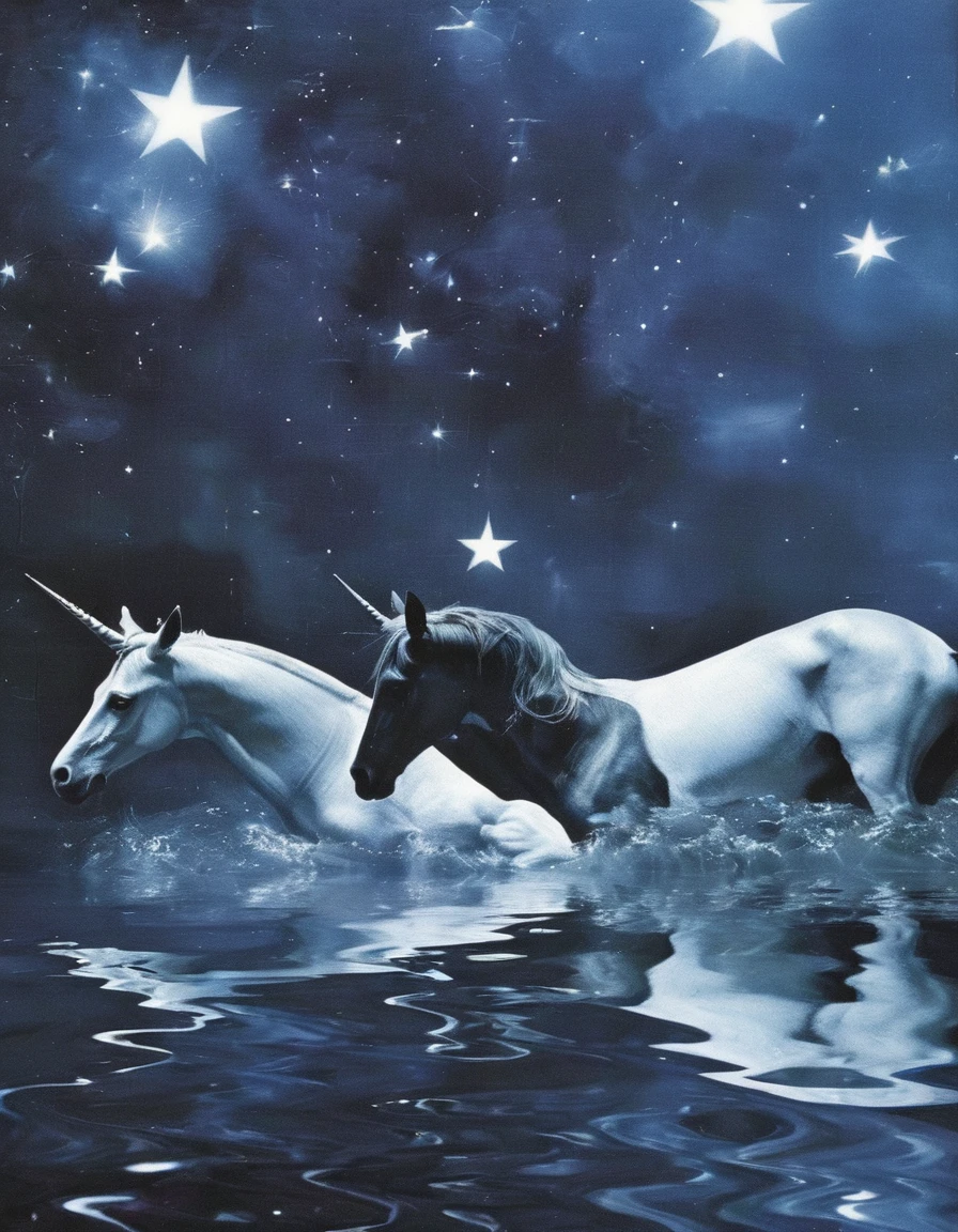 unicorn in water, stars background