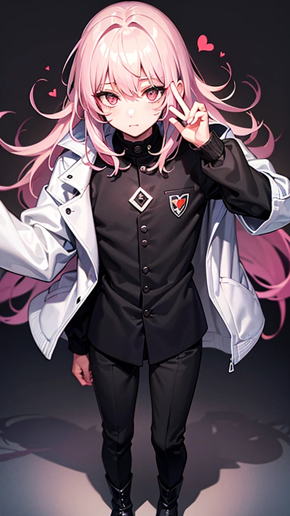 A boy with pink hair cut into a heart shape, silver eyes, White skin, he wears a long black jacket, some big boots, white eyes. black pants