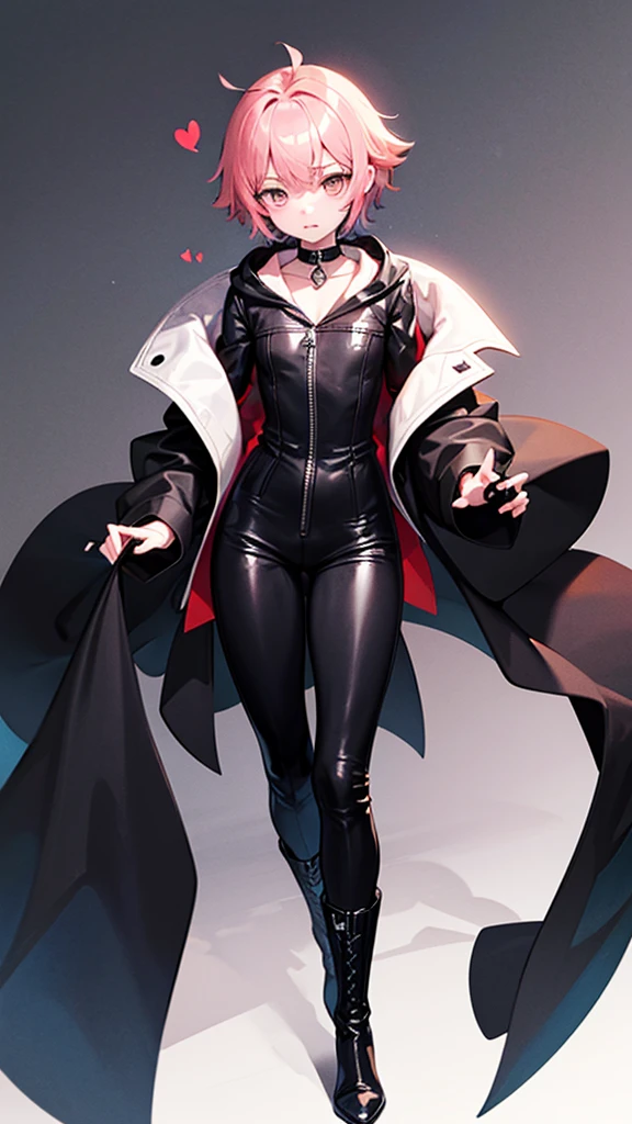 A boy with pink hair cut into a heart shape, silver eyes, White skin, he wears a long black jacket, some big boots, white eyes. black pants