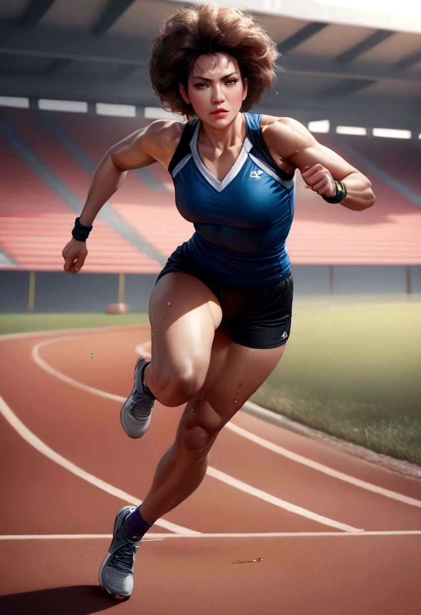 Female Athlete, (Serena Williams:Simone Biles:0.5), lean muscular build, sweat dripping down her forehead, determined expression, high detail face, high detail skin, sports attire, (tight sports bra and short athletic shorts), (toned abs:1.2), short afro hairstyle, (sculpted shoulders:1.3), synthetic turf track background, (UHD, 8K wallpaper, High resolution), cinematic lighting, award-winning, extremely detailed skin, extra detailed face, high detail eyes, photo-realistic, Canon EF 70-200mm F/2.8L IS III, by