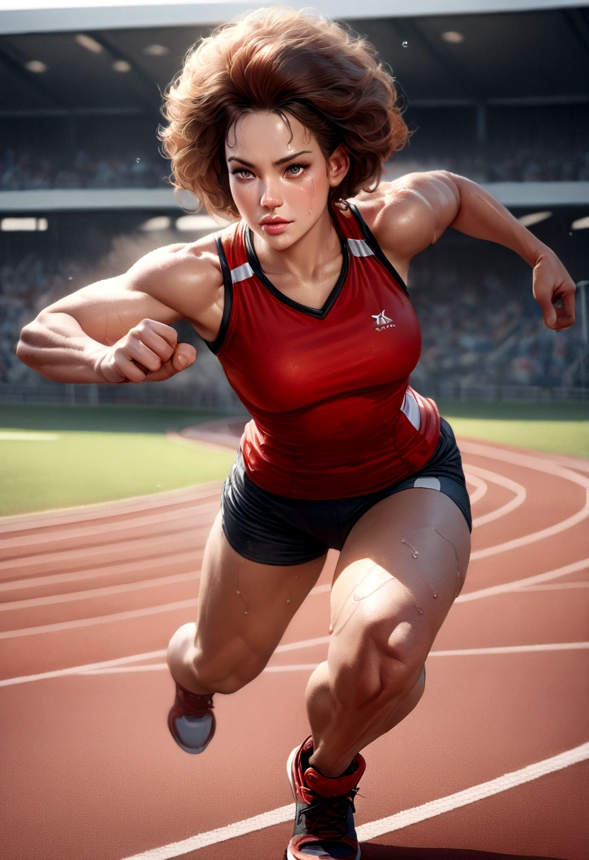 Female Athlete, (Serena Williams:Simone Biles:0.5), lean muscular build, sweat dripping down her forehead, determined expression, high detail face, high detail skin, sports attire, (tight sports bra and short athletic shorts), (toned abs:1.2), short afro hairstyle, (sculpted shoulders:1.3), synthetic turf track background, (UHD, 8K wallpaper, High resolution), cinematic lighting, award-winning, extremely detailed skin, extra detailed face, high detail eyes, photo-realistic, Canon EF 70-200mm F/2.8L IS III, by