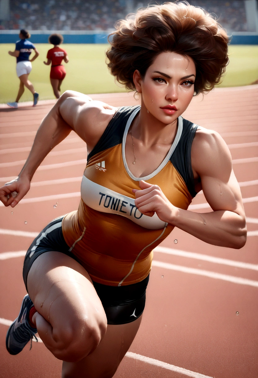 Female Athlete, (Serena Williams:Simone Biles:0.5), lean muscular build, sweat dripping down her forehead, determined expression, high detail face, high detail skin, sports attire, (tight sports bra and short athletic shorts), (toned abs:1.2), short afro hairstyle, (sculpted shoulders:1.3), synthetic turf track background, (UHD, 8K wallpaper, High resolution), cinematic lighting, award-winning, extremely detailed skin, extra detailed face, high detail eyes, photo-realistic, Canon EF 70-200mm F/2.8L IS III, by