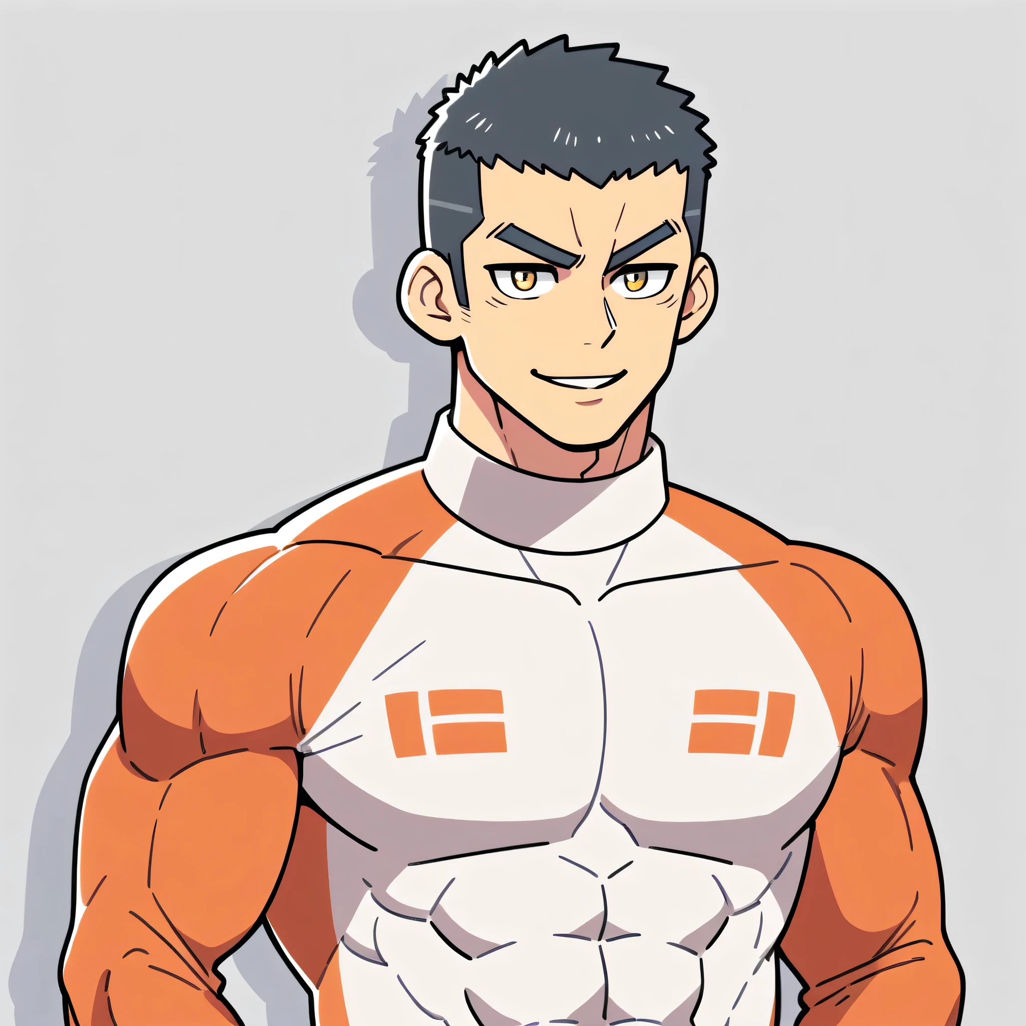 anime characters:Gyee, Muscle Sports Student, Buzz Cut,Manliness, male focus, Mike White high collar long sleeve tight T-shirt, Slightly transparent material, Very tight, Round, full and perky chest muscles, Slightly transparent, muscular male, muscular, only, Upper body, alone, Black short hair, Thick eyebrows, stubble, Yellow eyes, Grey background, simple background, amazing quality, best aesthetics, Ridiculous, bright pupils, crew cut, parted lips, seductive smile, torogao, naughty face, drop shadow, best quality