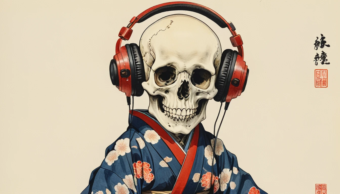 (((Katsushika Hokusai))), ((Cute skeleton wearing a kimono)), Red ribbon on head, Japanese pattern headphones, Bob, Horror elements