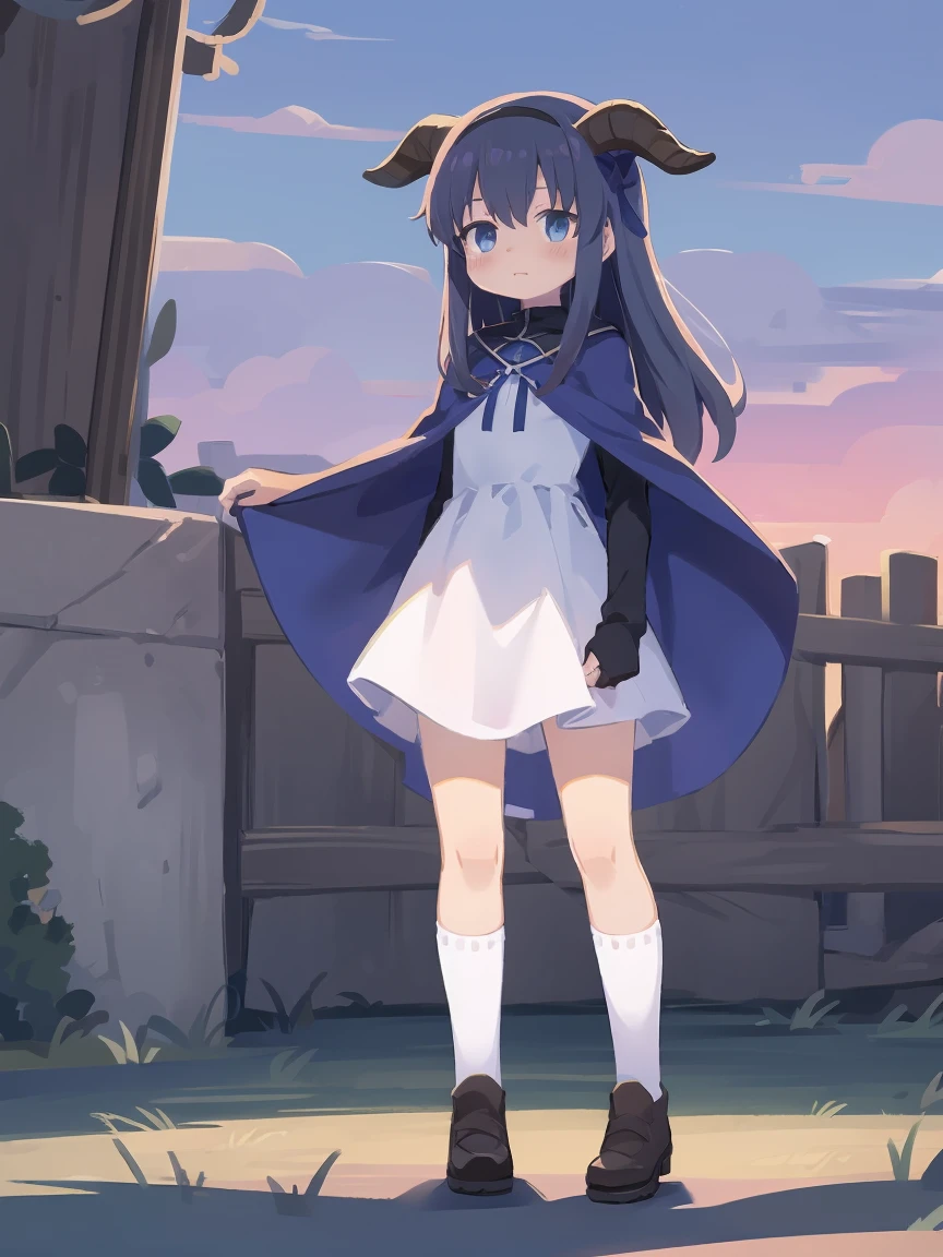 a cartoon image of a girl in a blue cape and white dress, an anime drawing by Jin Homura, pixiv, anime style like fate/stay night, black haire, goat horns, standing