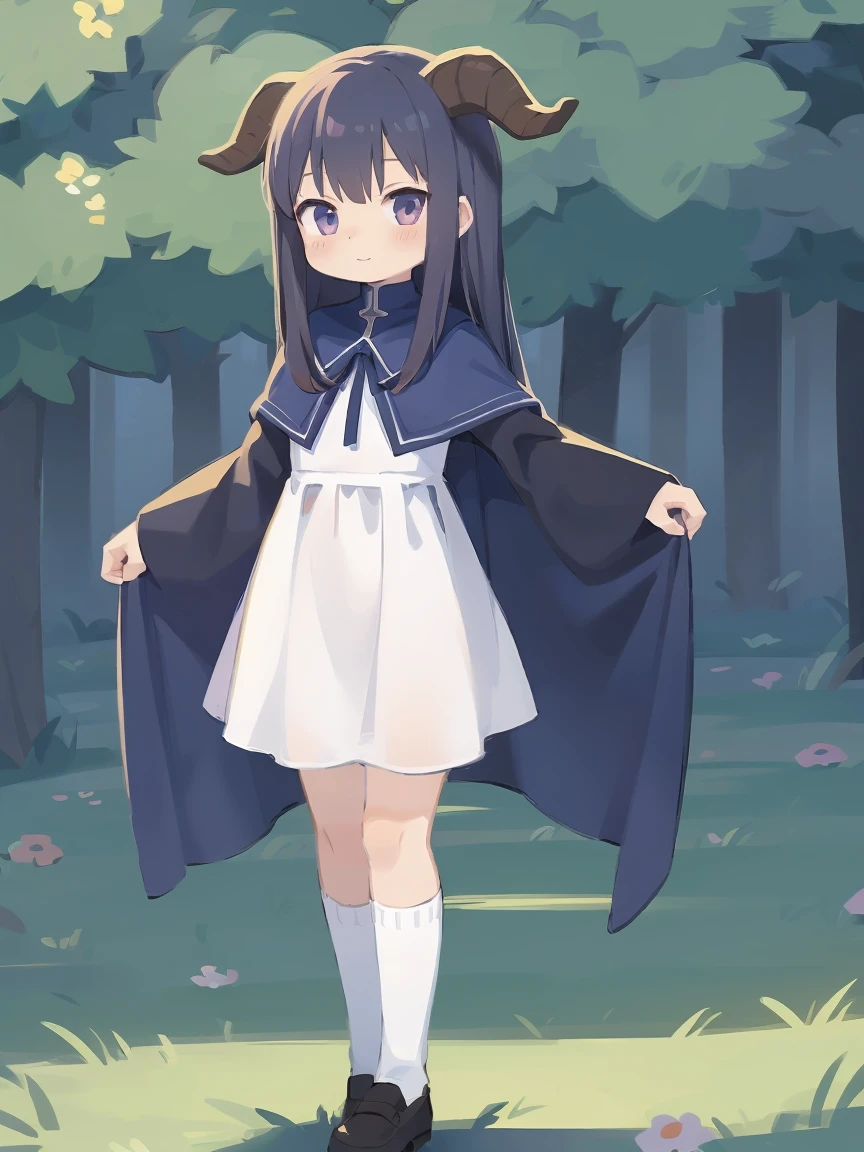 a cartoon image of a girl in a blue cape and white dress, an anime drawing by Jin Homura, pixiv, anime style like fate/stay night, black haire, goat horns, standing