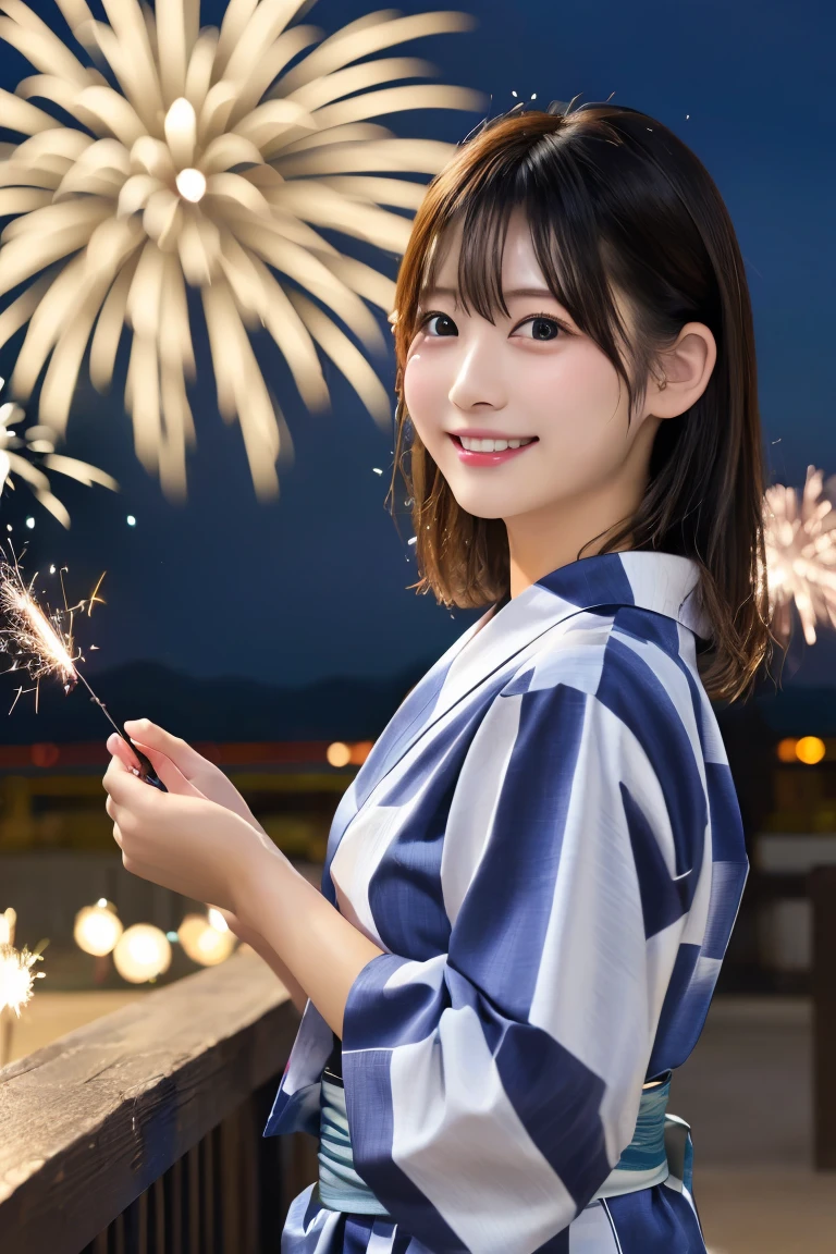Highest quality, (beautiful)、yukata、night店、night、Fireworks、festival、Soft 、Sparkler