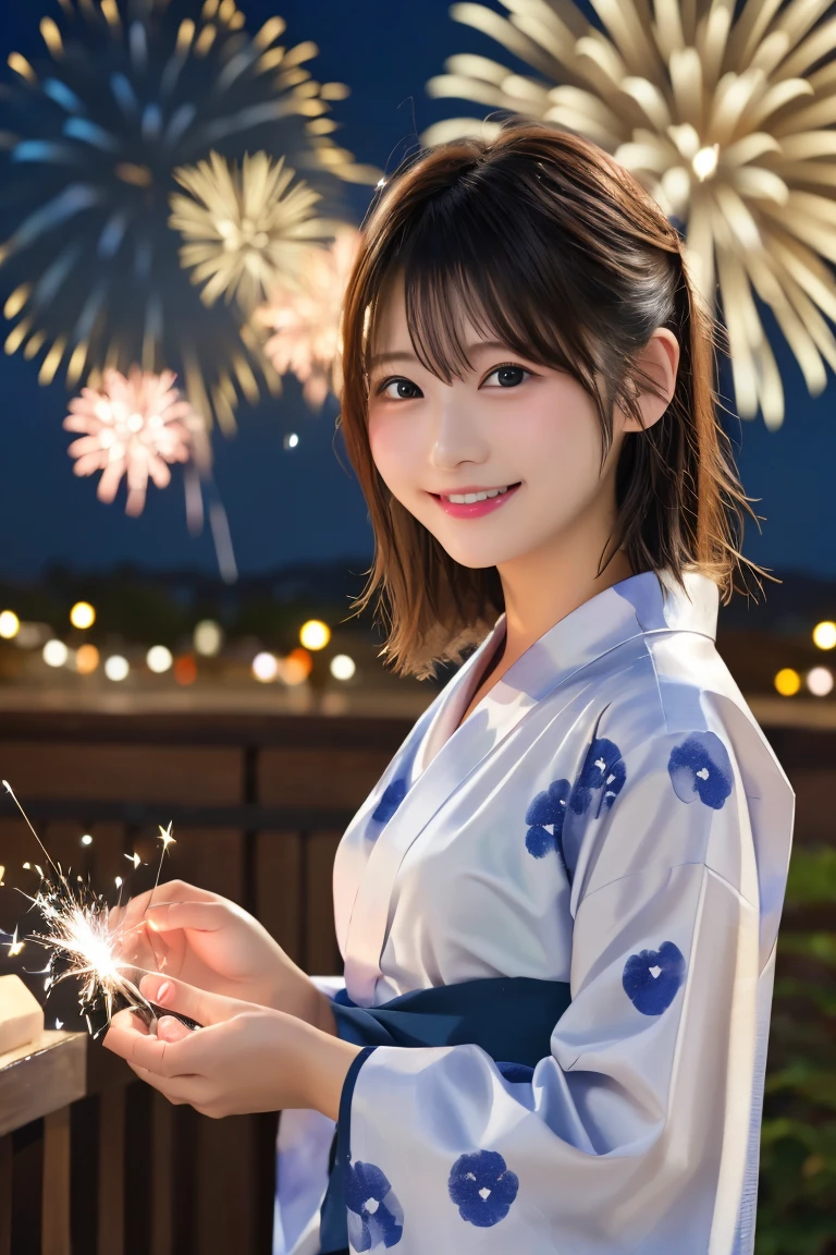 Highest quality, (beautiful)、yukata、night店、night、Fireworks、festival、Soft 、Sparkler