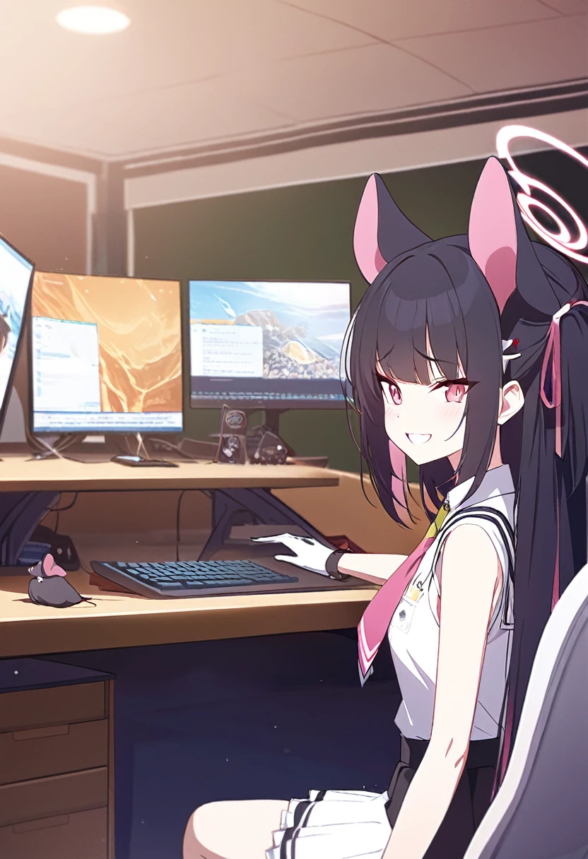 masterpiece, best quality, twitch-chan, Hairpin, Hair accessories, Collared shirt, sleeveless, tie, Gloves, Sitting behind the desk, Looking at the audience, Smile, Wave, floorroom, floor, mouse, Keyboard kazusa (band) (blue archive)
