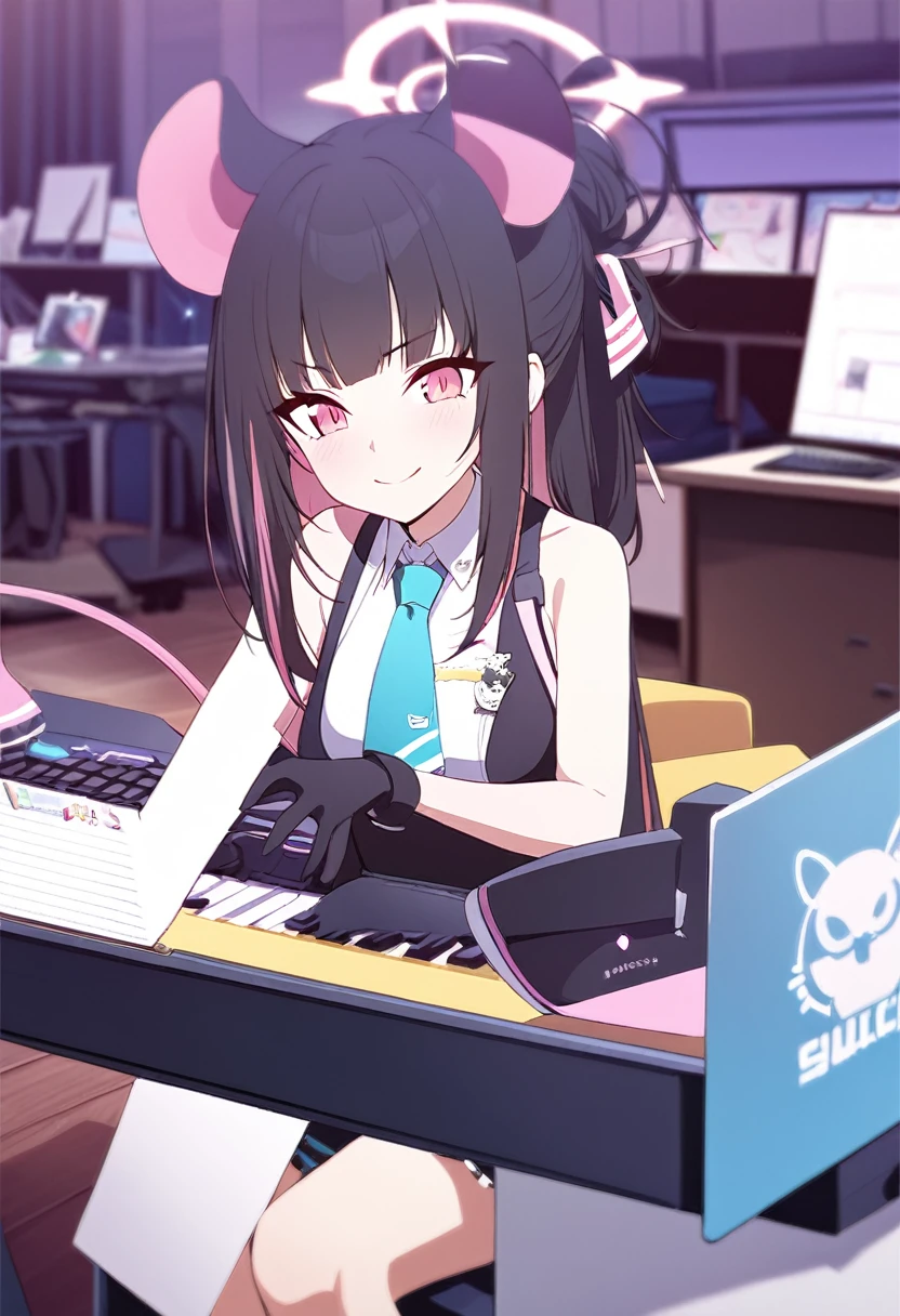 masterpiece, best quality, twitch-chan, Hairpin, Hair accessories, Collared shirt, sleeveless, tie, Gloves, Sitting behind the desk, Looking at the audience, Smile, Wave, floorroom, floor, mouse, Keyboard kazusa (band) (blue archive)